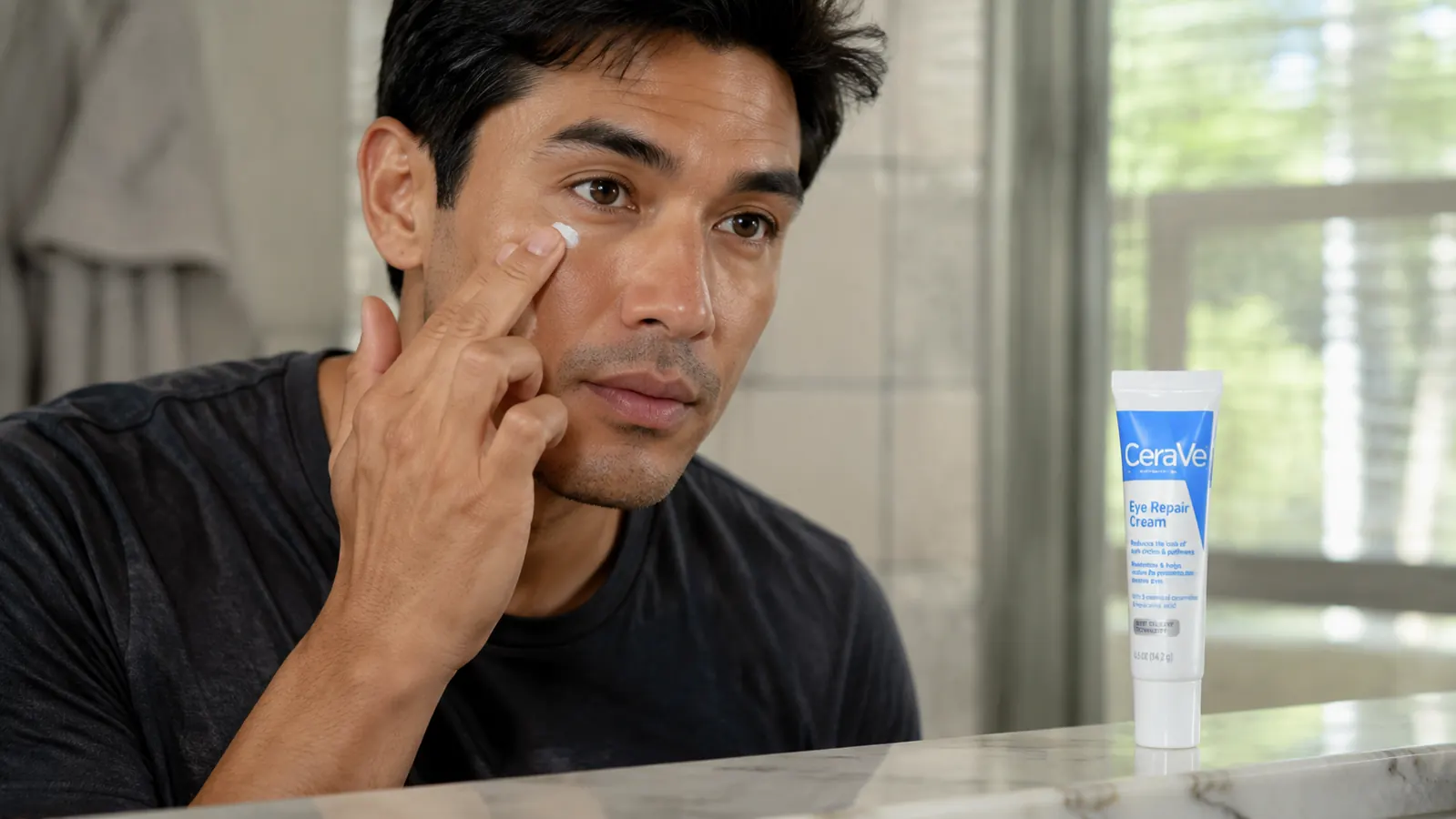Man applying a small amount of white eye cream under his eye with his ring finger