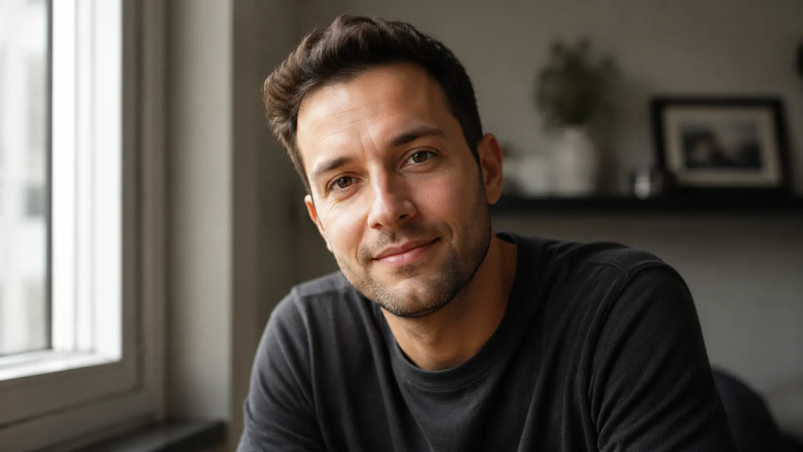 Man looking refreshed in morning light, brighter under-eye area compared to before
