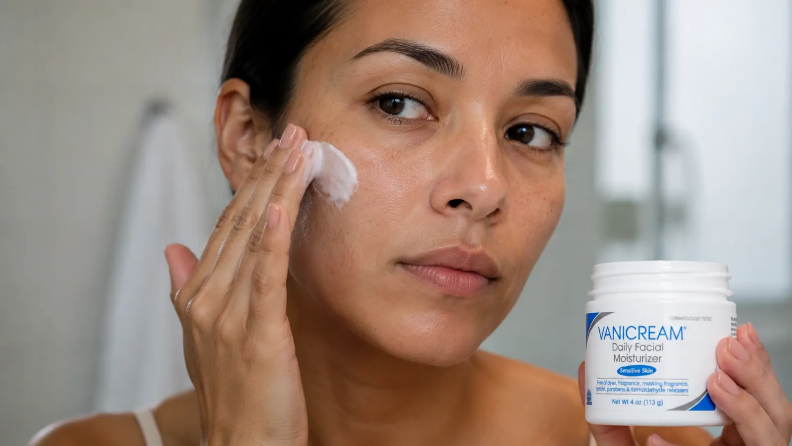 Hand applying a small scoop of white moisturizer to the cheek of a person with visibly dry, slightly flaky skin