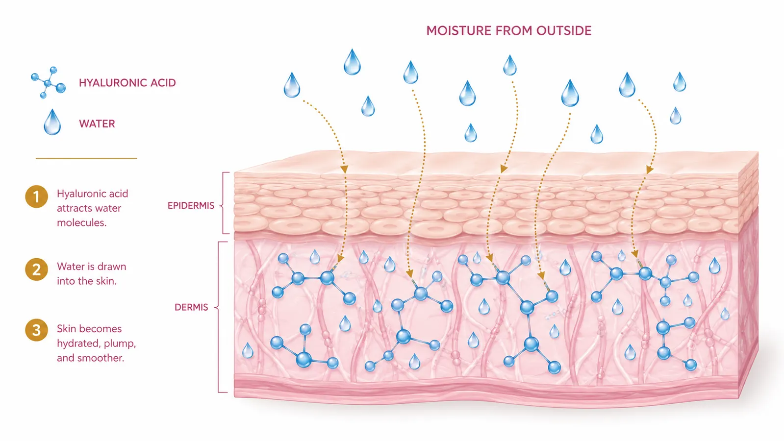 Simple diagram showing a cross-section of skin layers with hyaluronic acid molecules drawing water from the air into the upper dermis