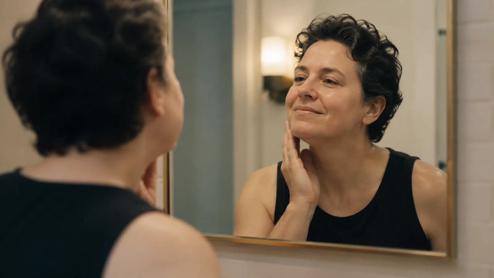 Person looking at visibly smoother, more hydrated skin in a bathroom mirror with a satisfied expression