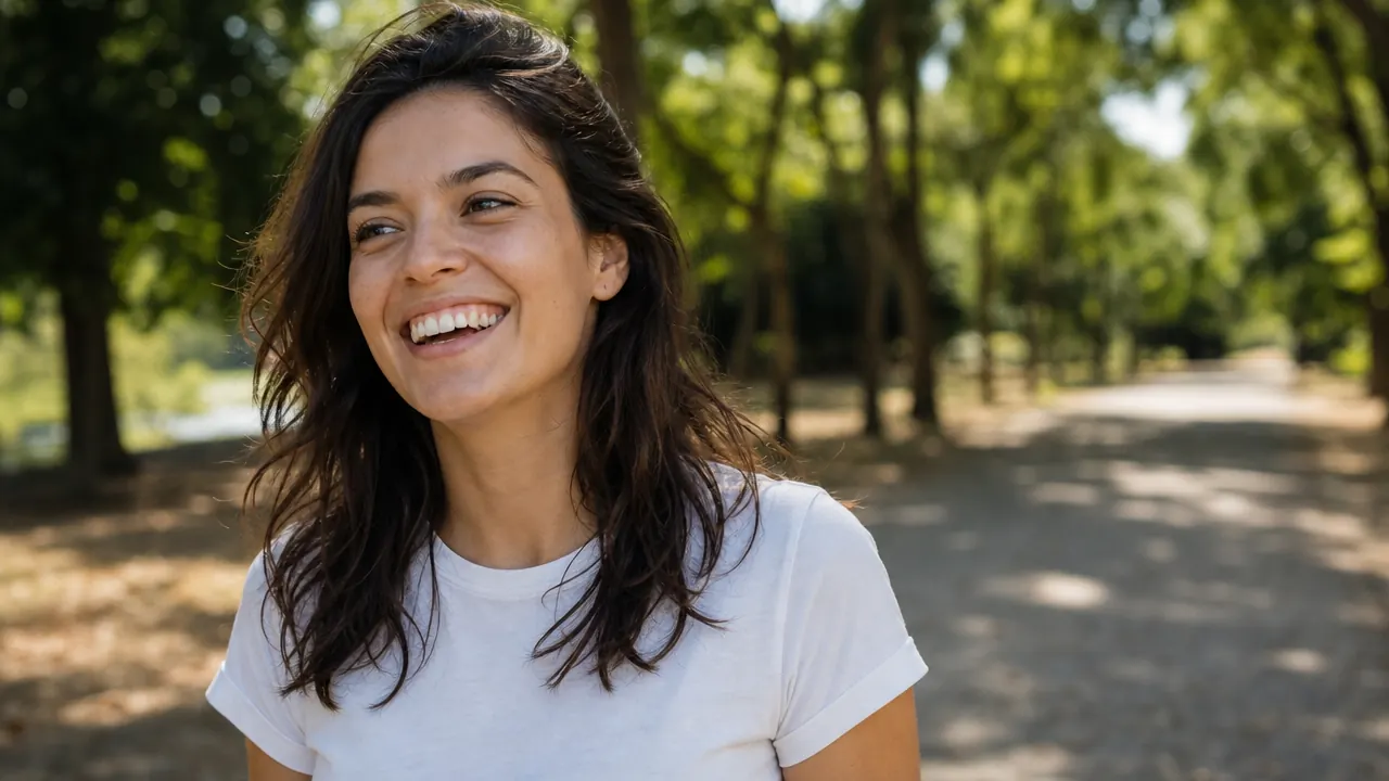 Person outdoors on a sunny day with healthy glowing skin, no visible white cast on face