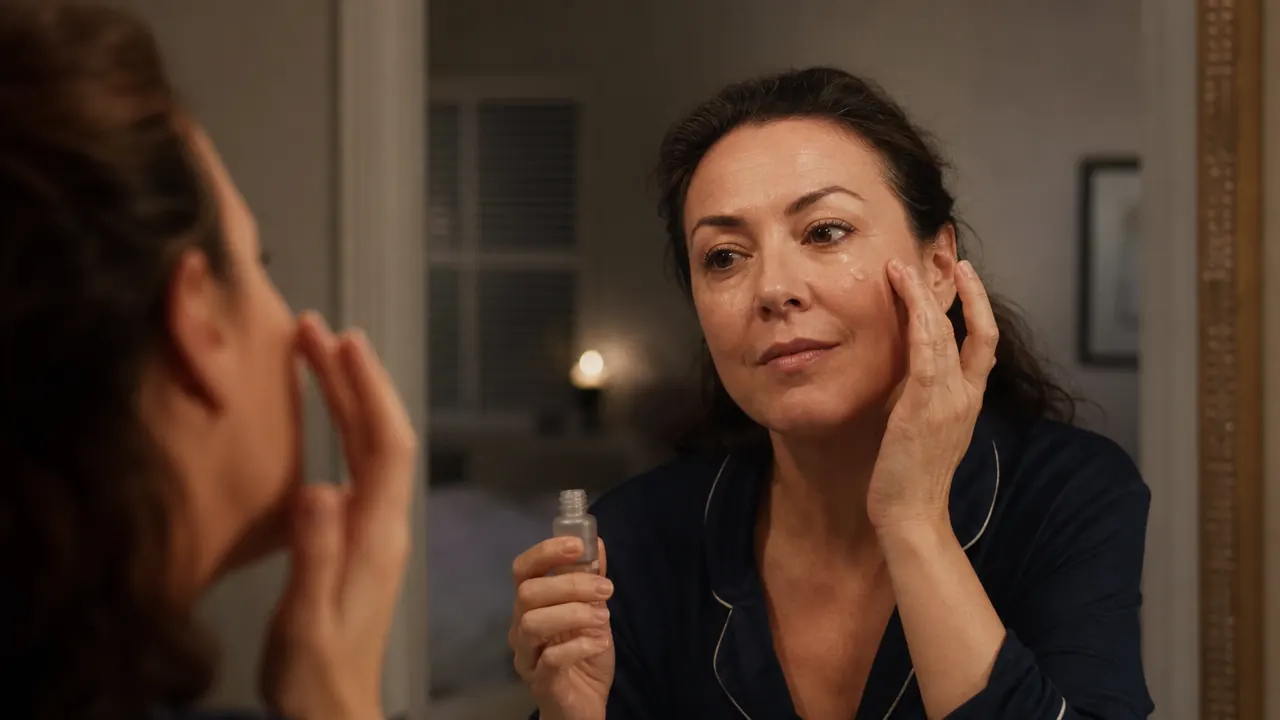 Person applying a small amount of retinol serum to cheek in a dimly lit bathroom mirror at nighttime