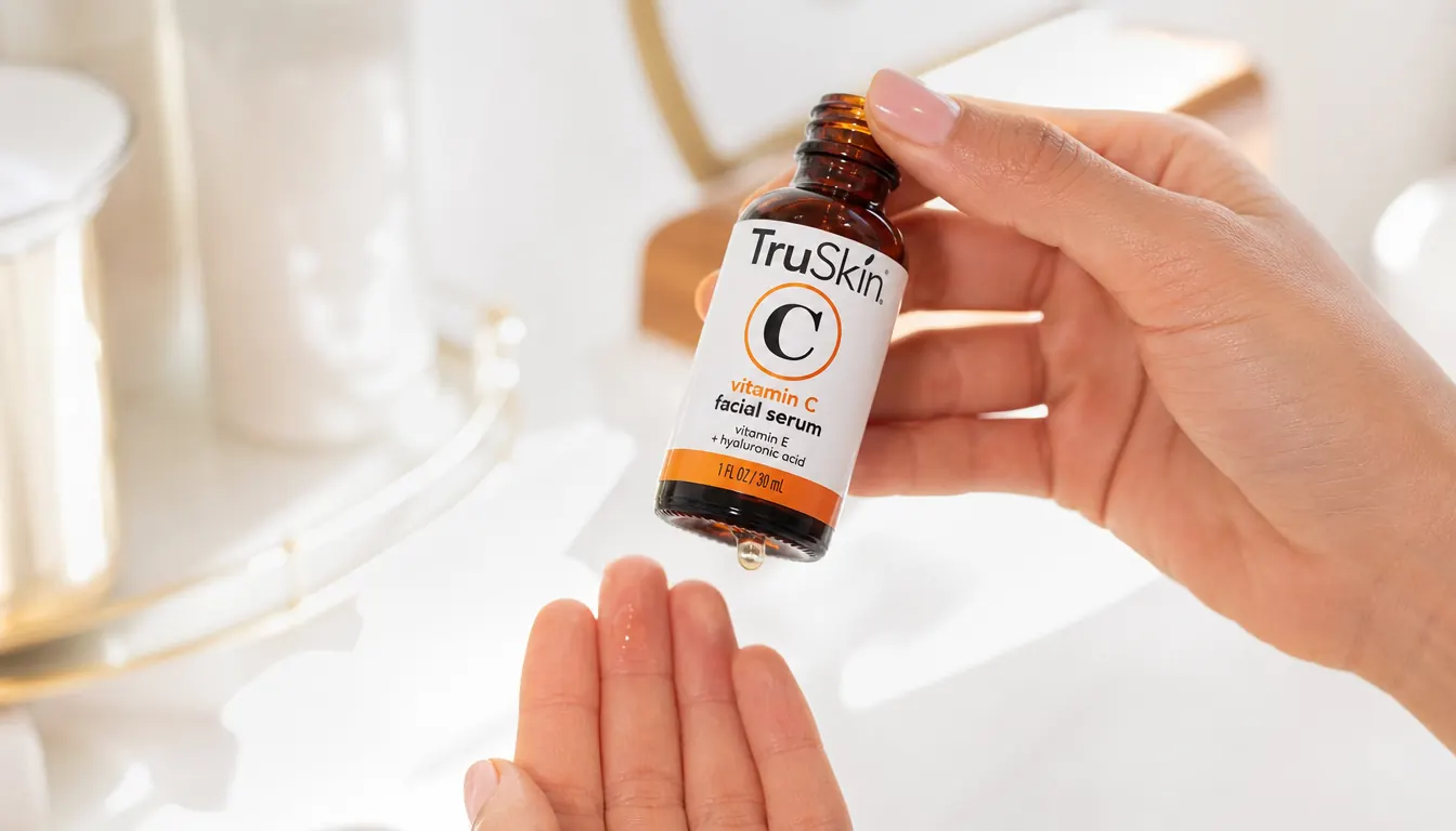 Close-up of a hand applying a few drops of TruSkin Vitamin C Serum onto fingertips over a white vanity