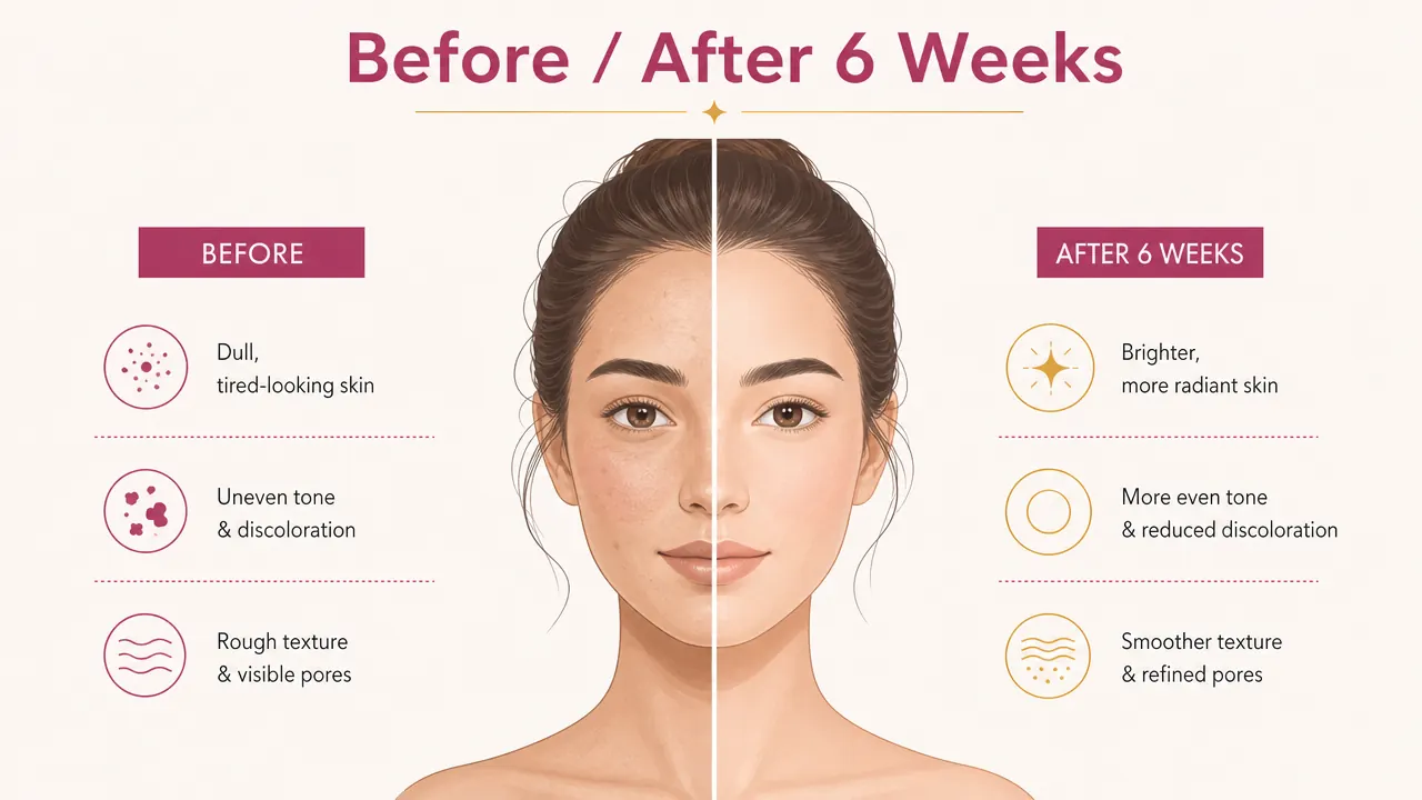 Split-face diagram showing skin before and after consistent vitamin C serum use, left side dull with uneven tone, right side brighter