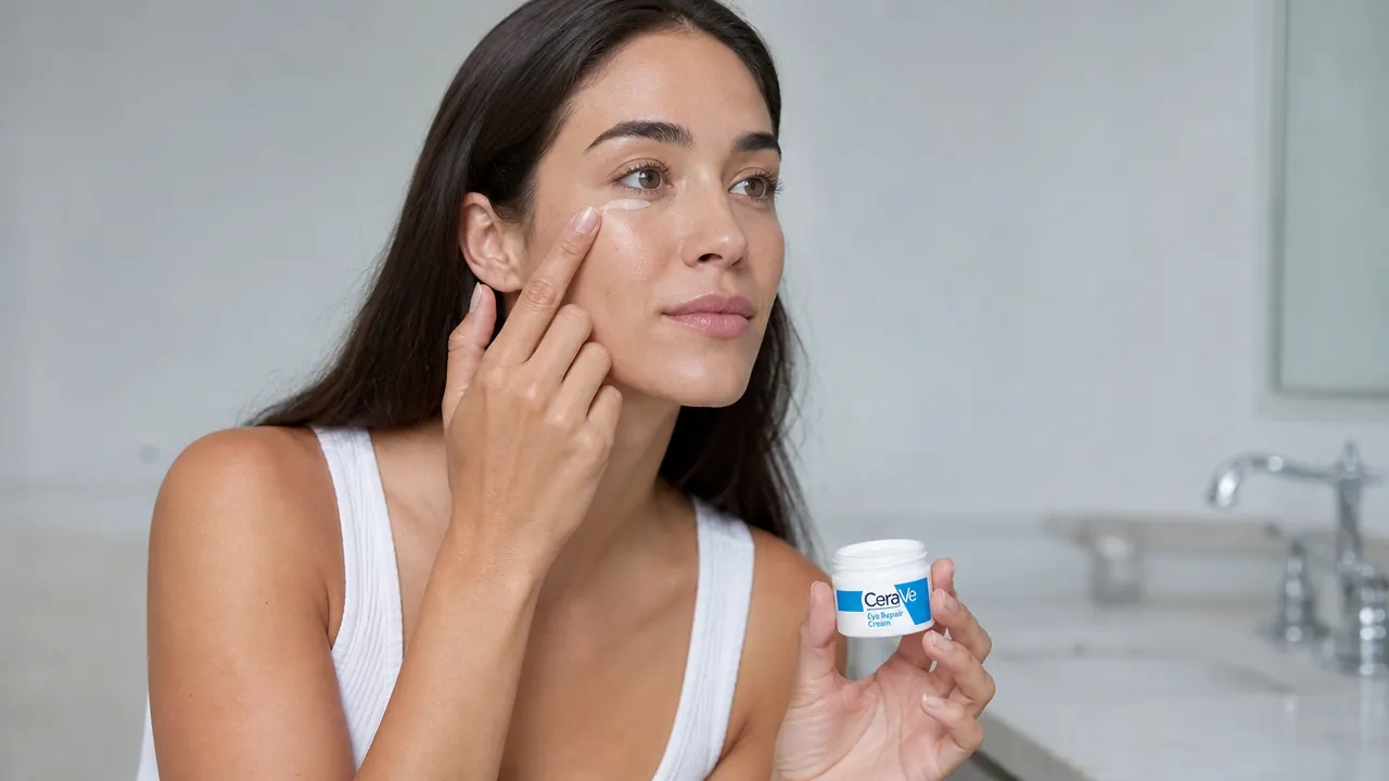 Close-up of a hand applying a small dot of CeraVe Eye Repair Cream to the under-eye area with a ring finger