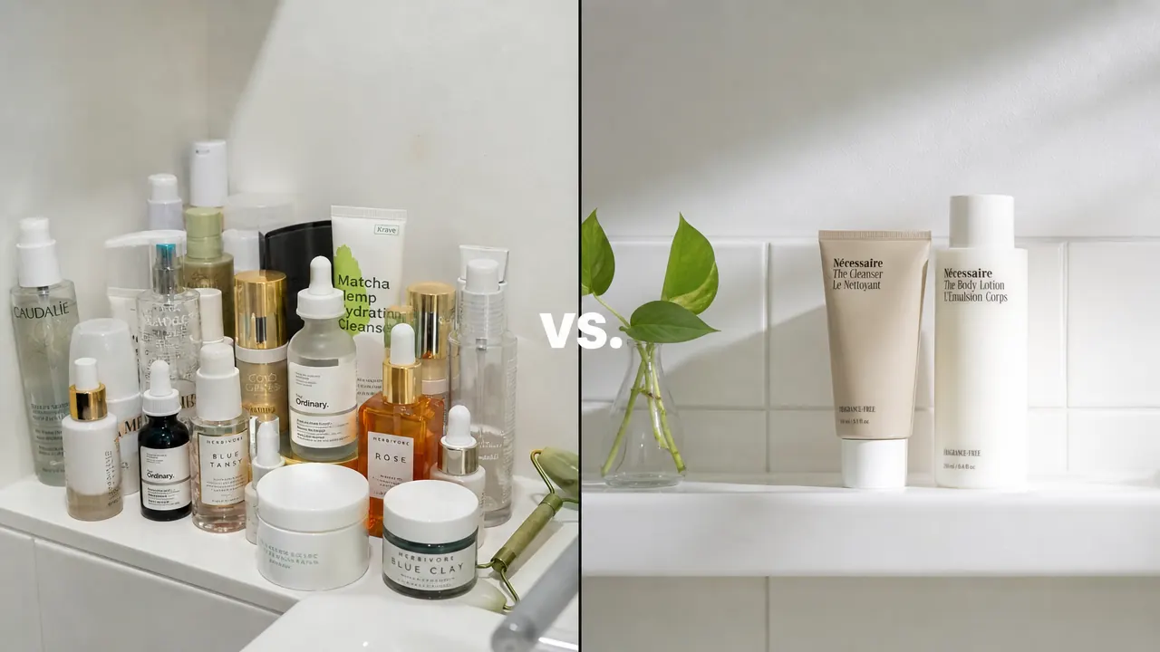 Two side-by-side bathroom shelf arrangements: one cluttered with many skincare products, one clean with just two or three essentials