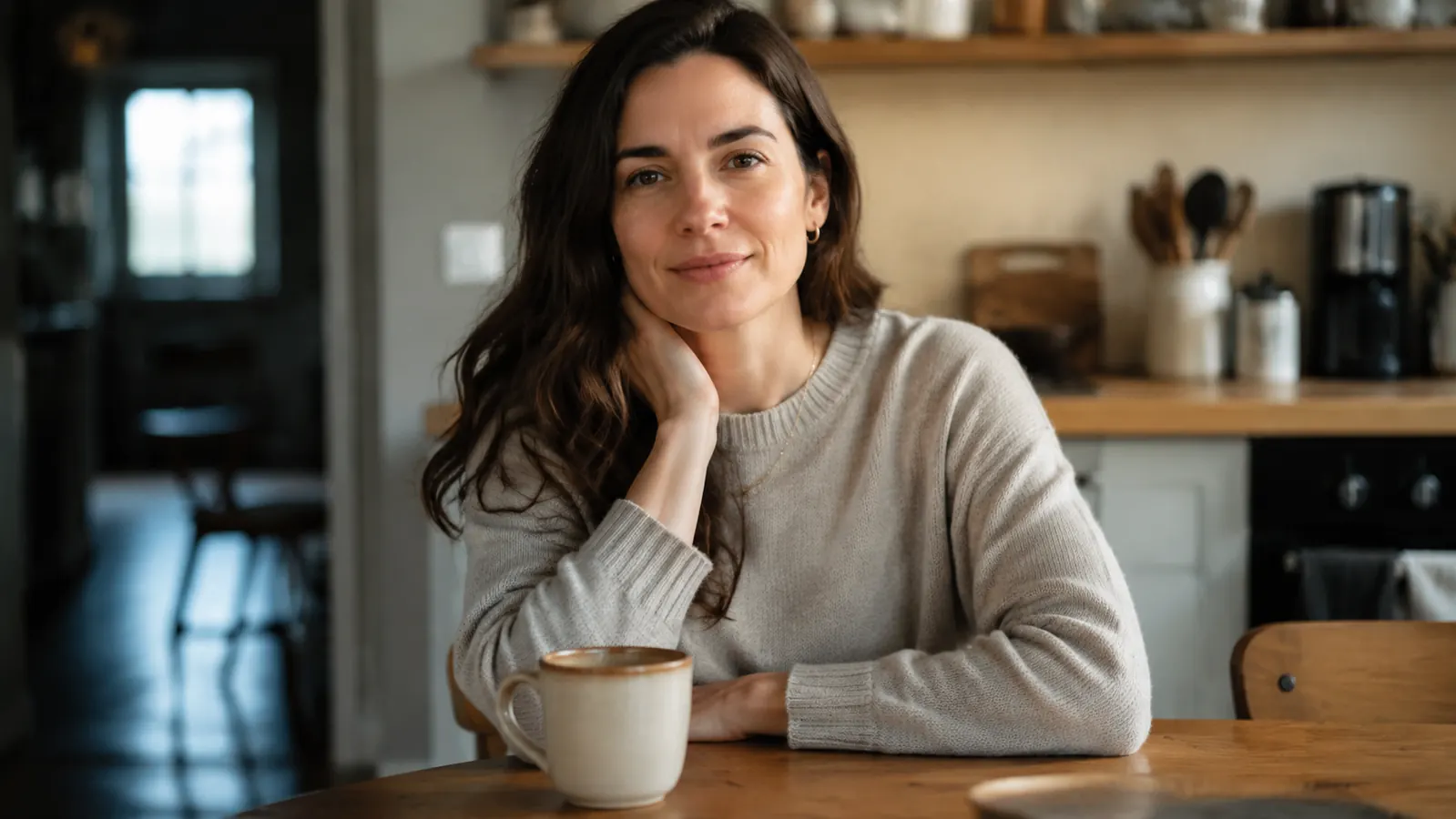 Woman at a kitchen table holding a mug, relaxed and confident expression, morning light from a nearby window