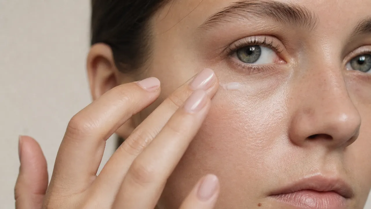 Hand with ring finger gently tapping under-eye area demonstrating correct application technique
