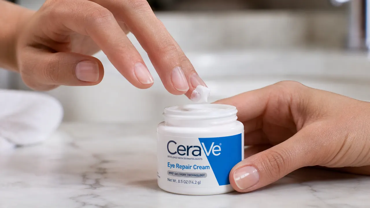 Finger scooping a small pea-sized amount of CeraVe Eye Repair Cream from the jar