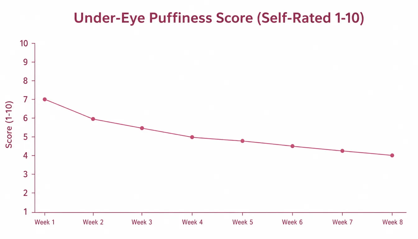 Timeline chart showing under-eye puffiness score from week 1 to week 8 with gradual improvement
