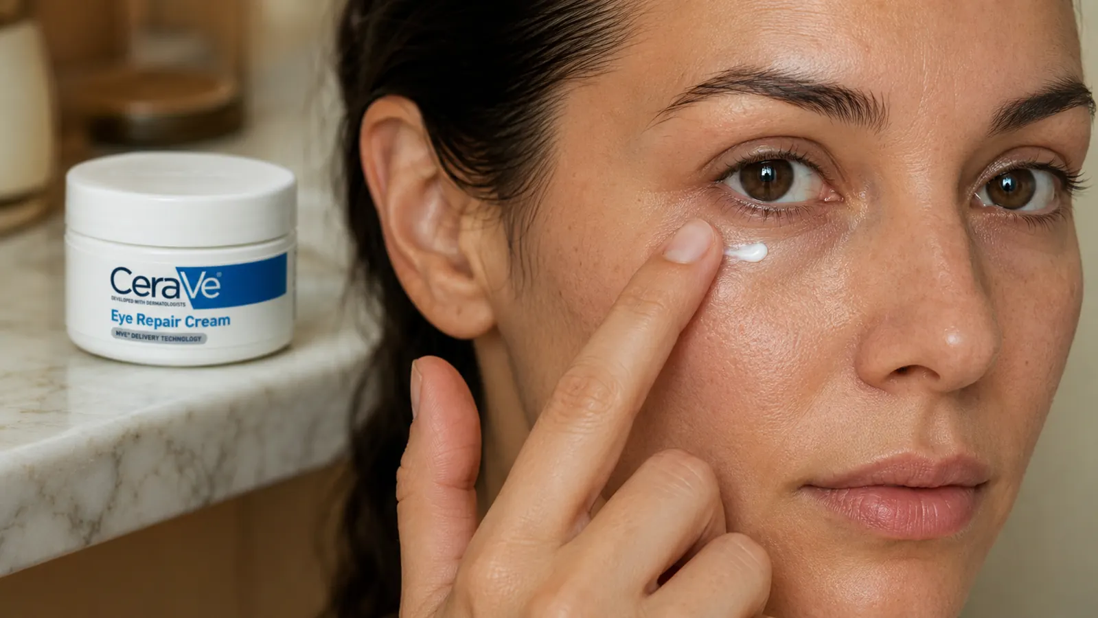 Finger applying a small amount of CeraVe Eye Repair Cream under the eye, close-up shot
