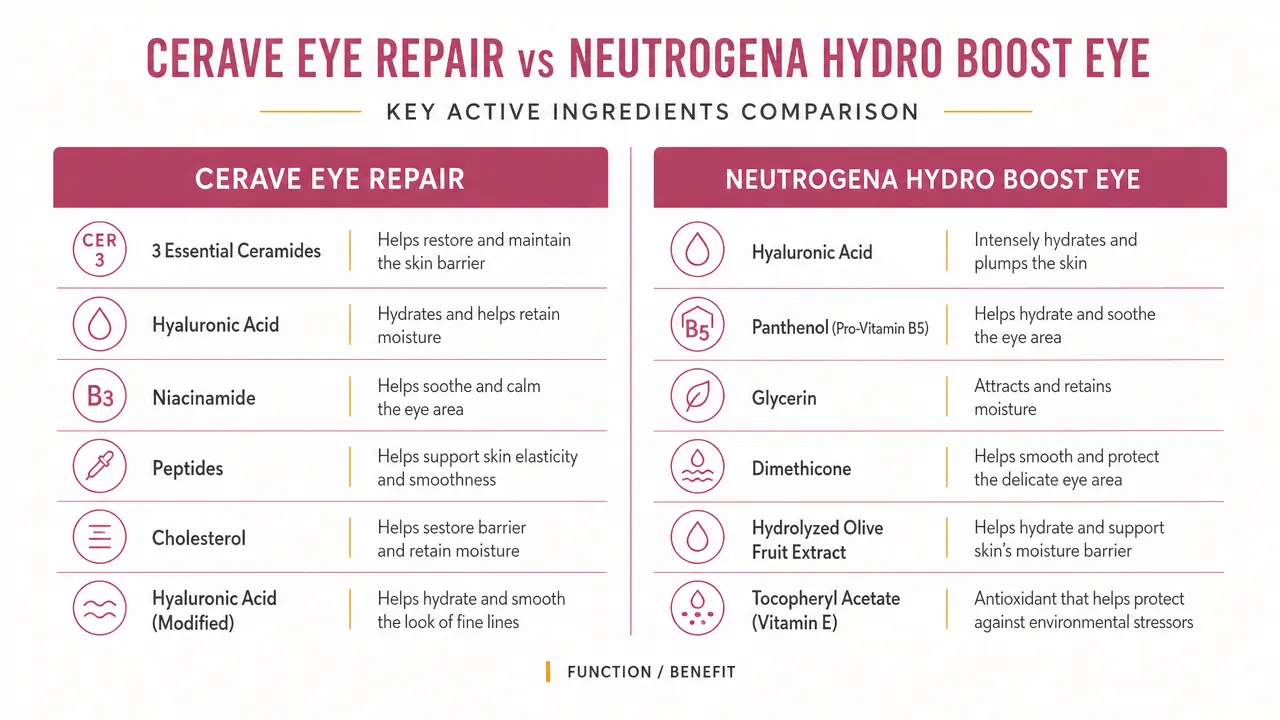 Side-by-side ingredient comparison chart: CeraVe ceramides and niacinamide versus Neutrogena hyaluronic acid gel formula