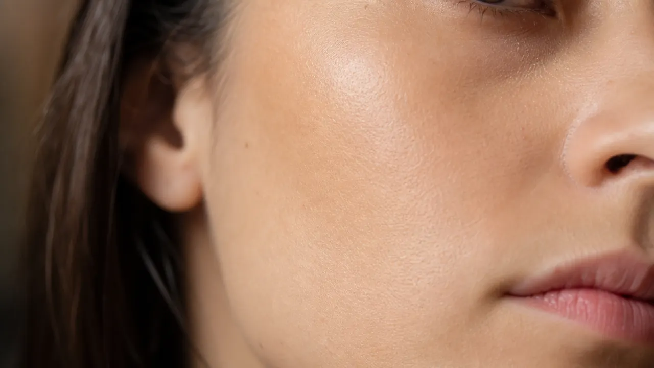 Close-up of smooth, hydrated skin on a woman's cheek and jaw area in warm natural light