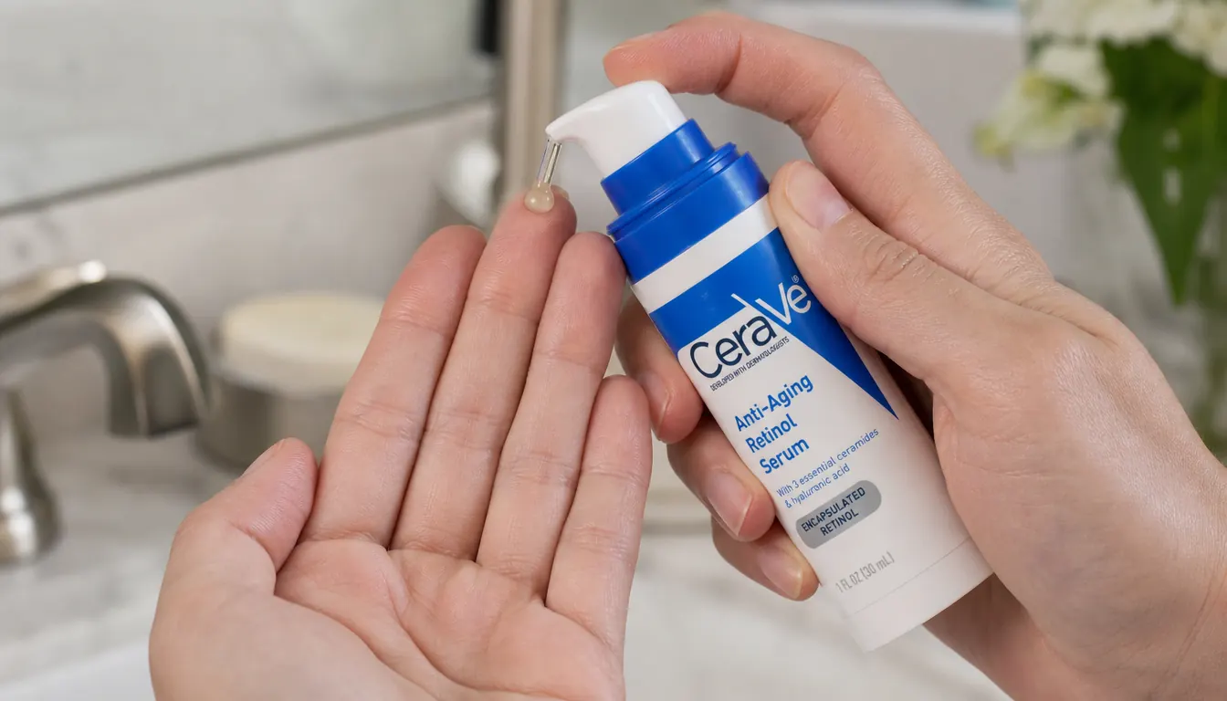 Hand pumping a small amount of CeraVe retinol serum onto fingertips before applying to face