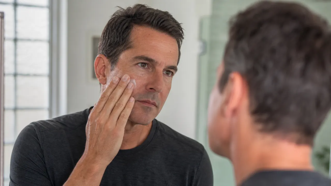 Man in his 40s applying sunscreen to his face in front of a bathroom mirror in the morning