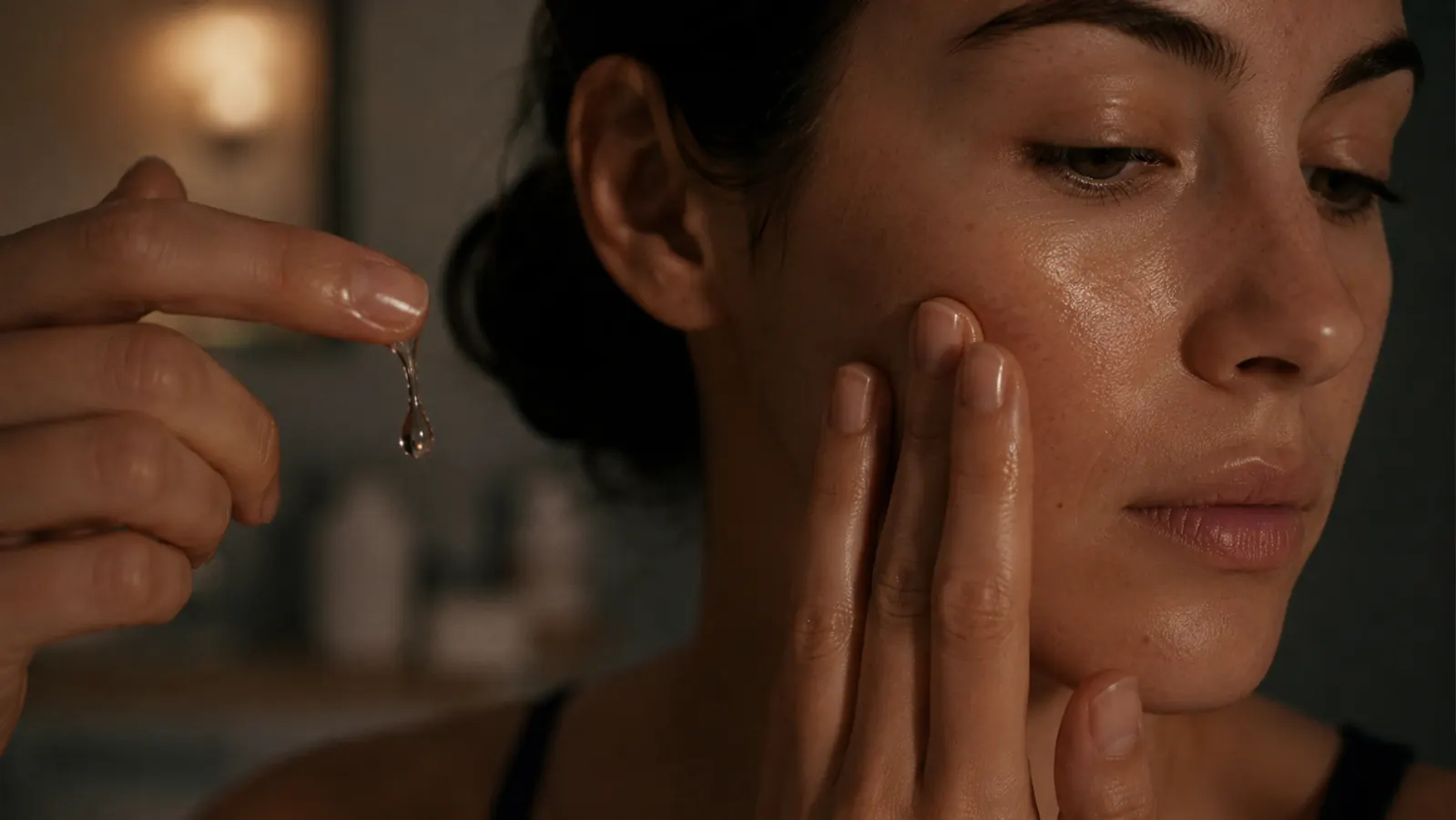 Person applying a few drops of serum to their fingertips before pressing it onto clean skin in the evening