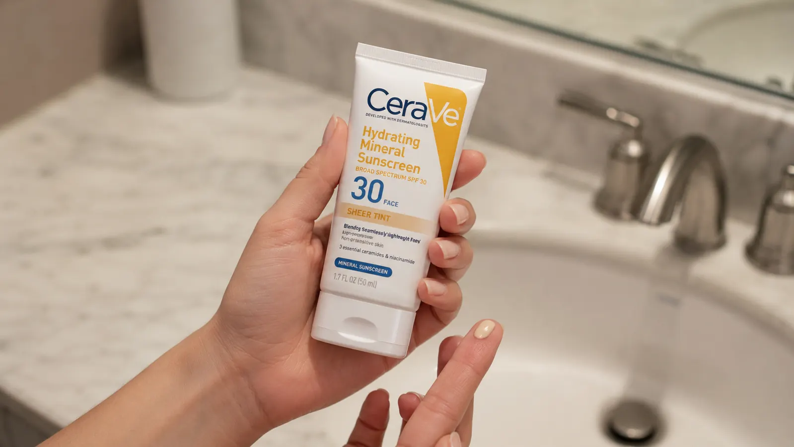 CeraVe Tinted Mineral Sunscreen SPF 30 tube held in hand over a bathroom sink