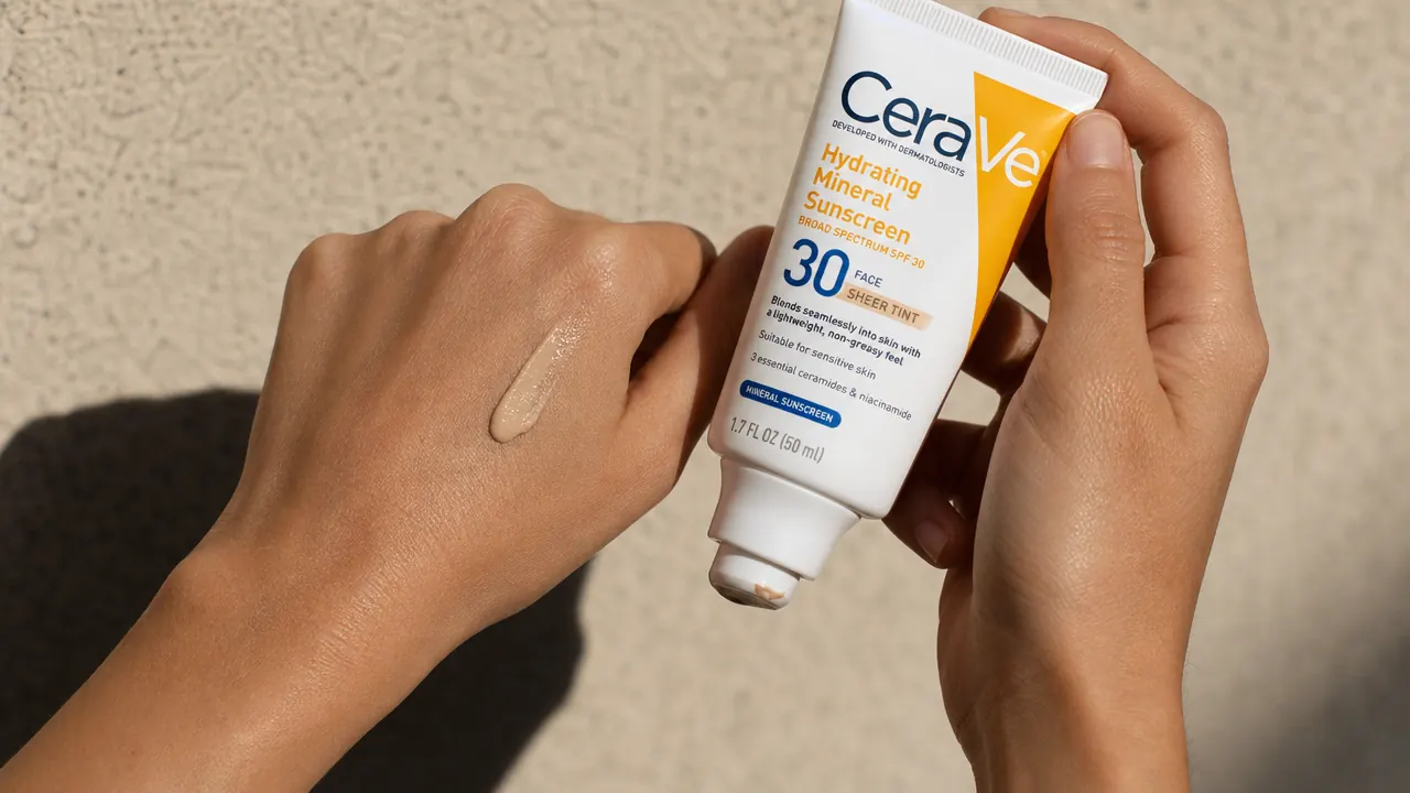 Person applying a small amount of tinted sunscreen to the back of their hand, showing the product's light beige tint against skin