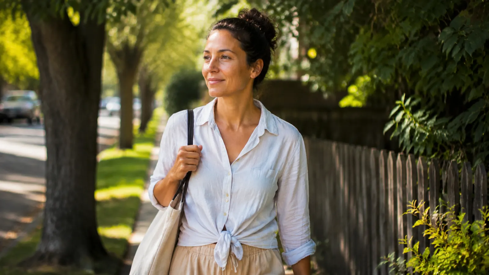 Person outdoors on a sunny walk, healthy glowing skin, natural light