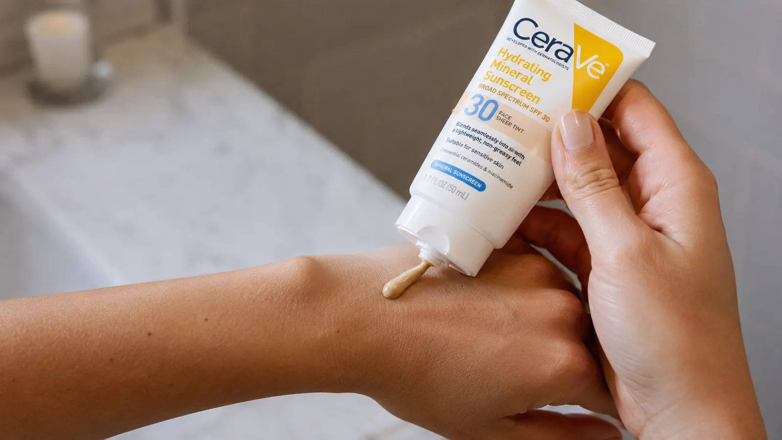 Hand applying a small amount of tinted sunscreen to the back of a wrist to show the tint shade