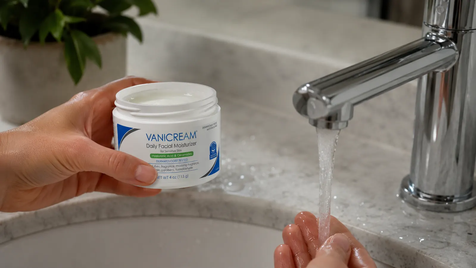 Vanicream Daily Facial Moisturizer jar held in palm next to a bathroom faucet