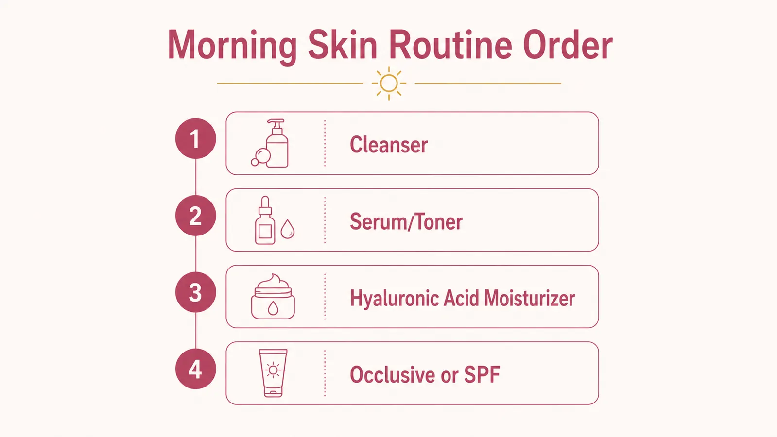 Skincare layering order diagram showing toner, serum, hyaluronic acid moisturizer, and occlusive from thin to thick