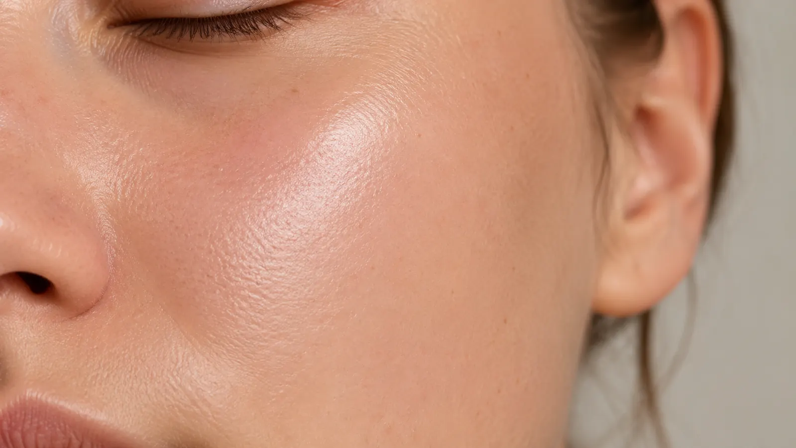 Close-up of smooth, hydrated cheek skin with a visible healthy glow
