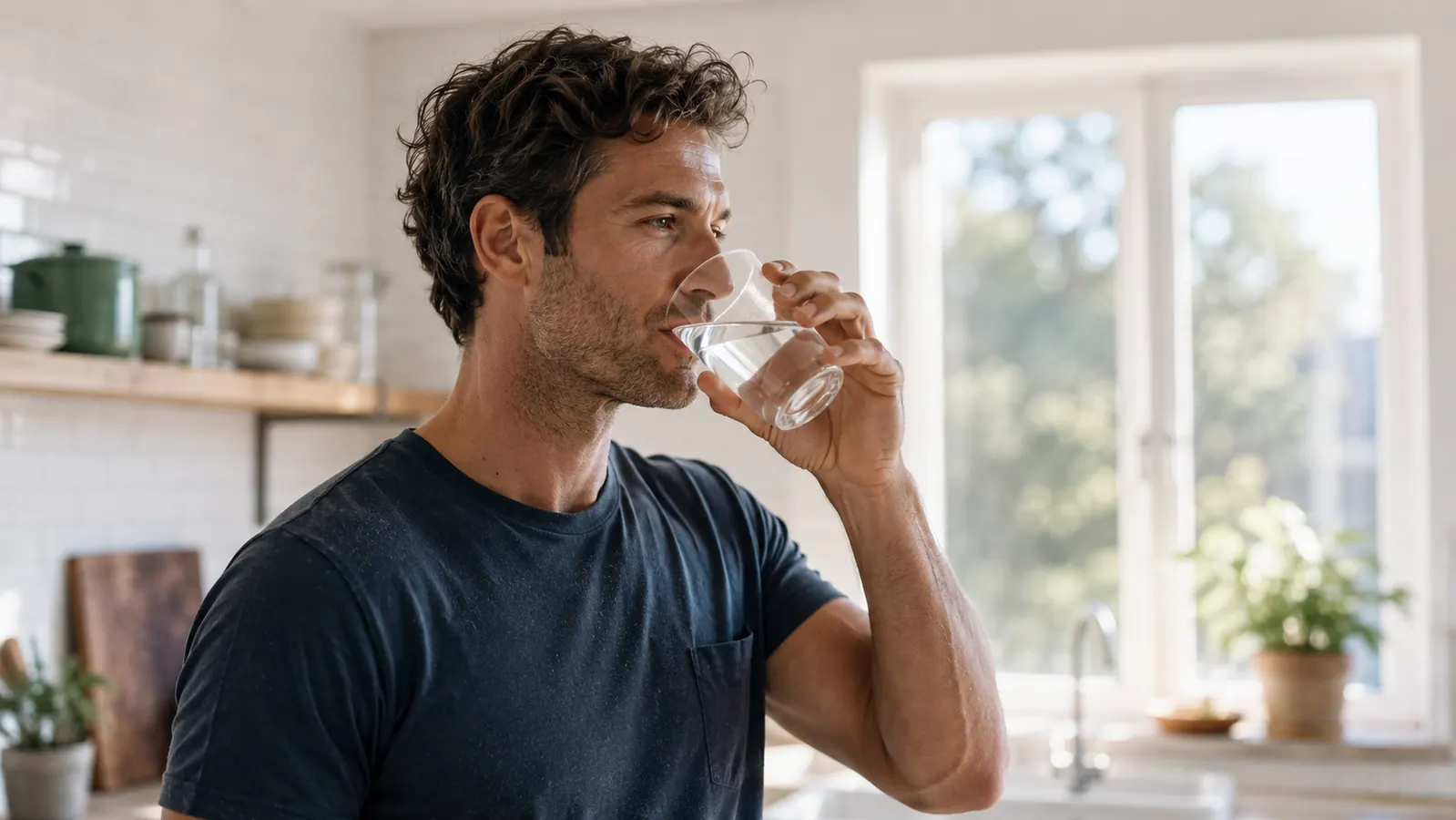 Man drinking a large glass of water at a kitchen counter in the morning, sunlight in background