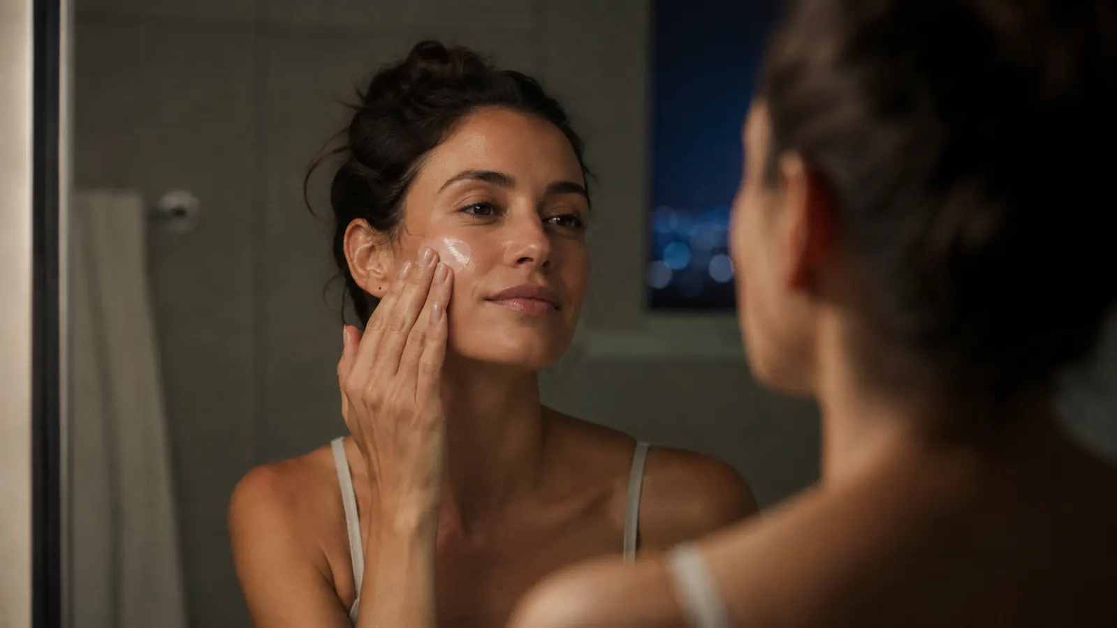 Person applying moisturizer over a retinol serum in front of a mirror, demonstrating the moisturizer sandwich technique at night