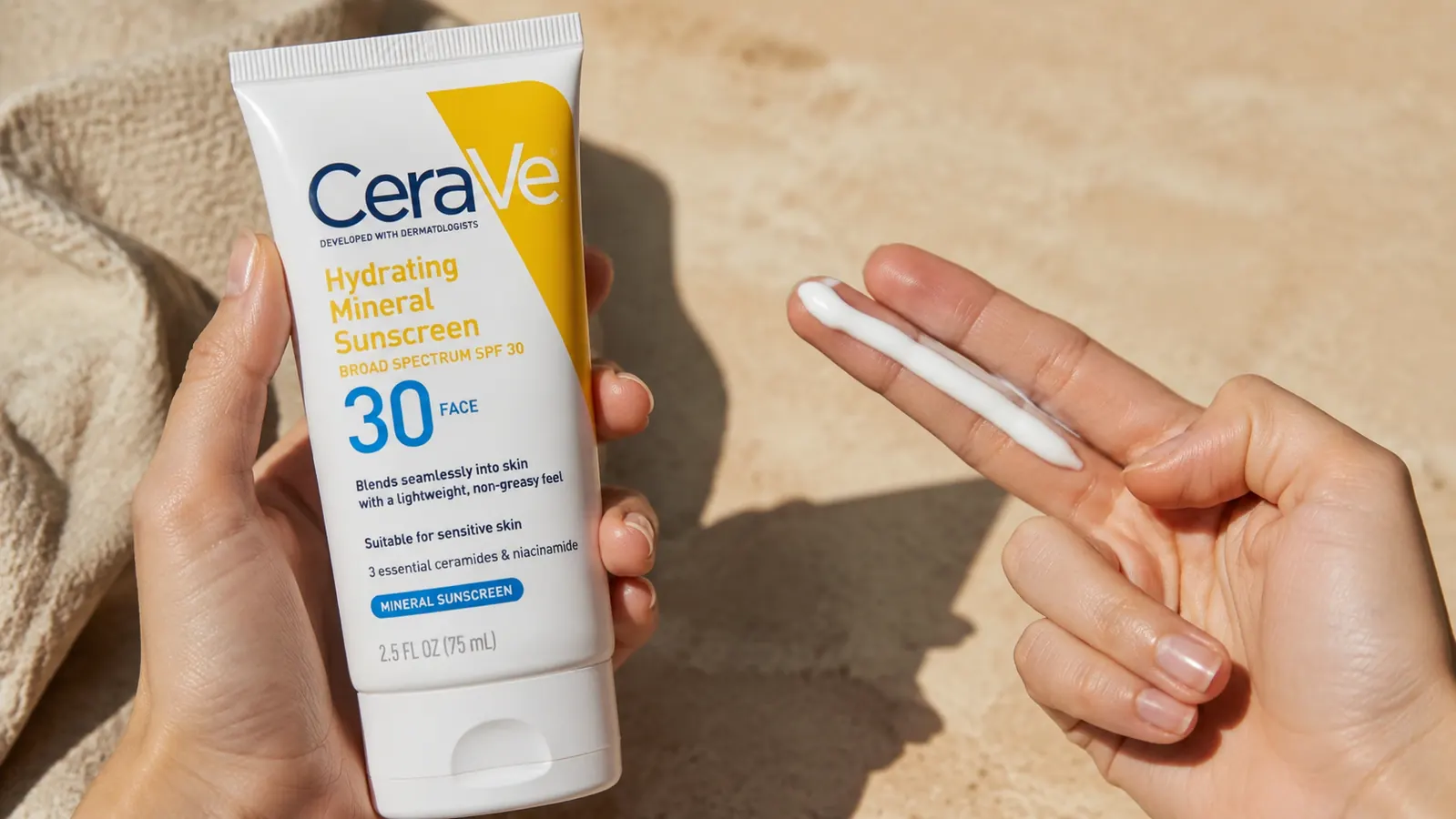 Two fingers extended with a line of sunscreen across them demonstrating the two-finger rule for SPF quantity