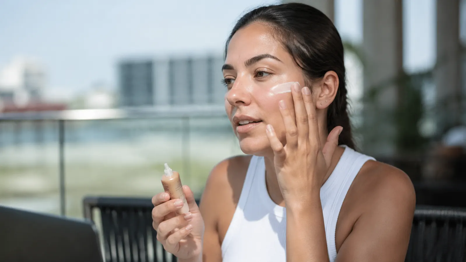 Person touching up sunscreen at midday outdoors near a window, small bottle visible in hand