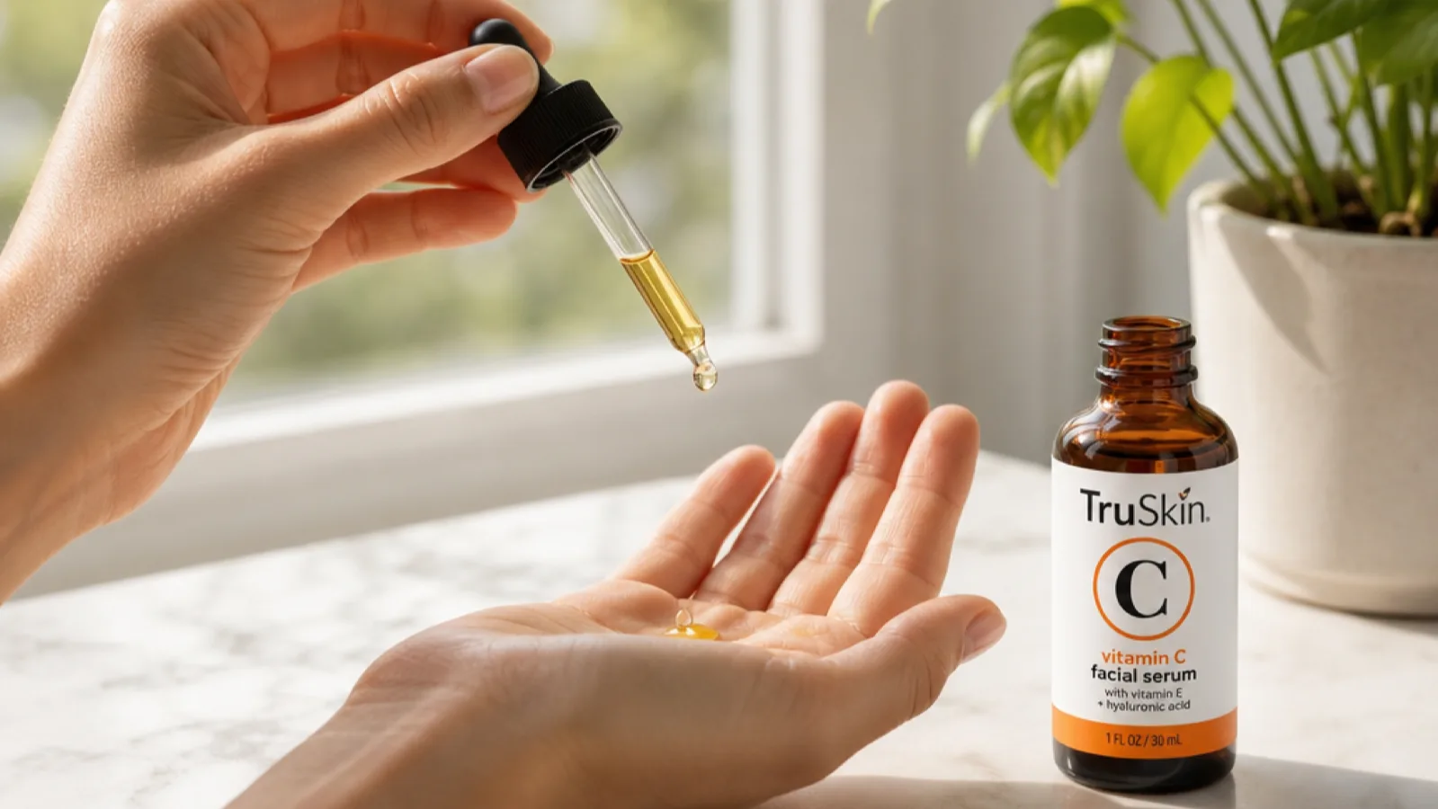 Hand holding a dropper of serum over an open palm, ready to apply