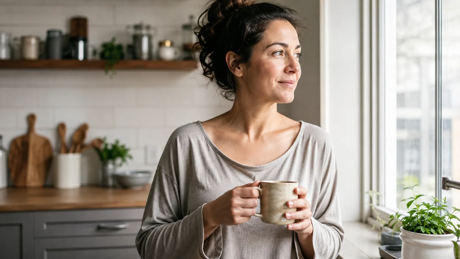 Person standing near a sunlit kitchen window, relaxed morning expression, skin looking clear and even
