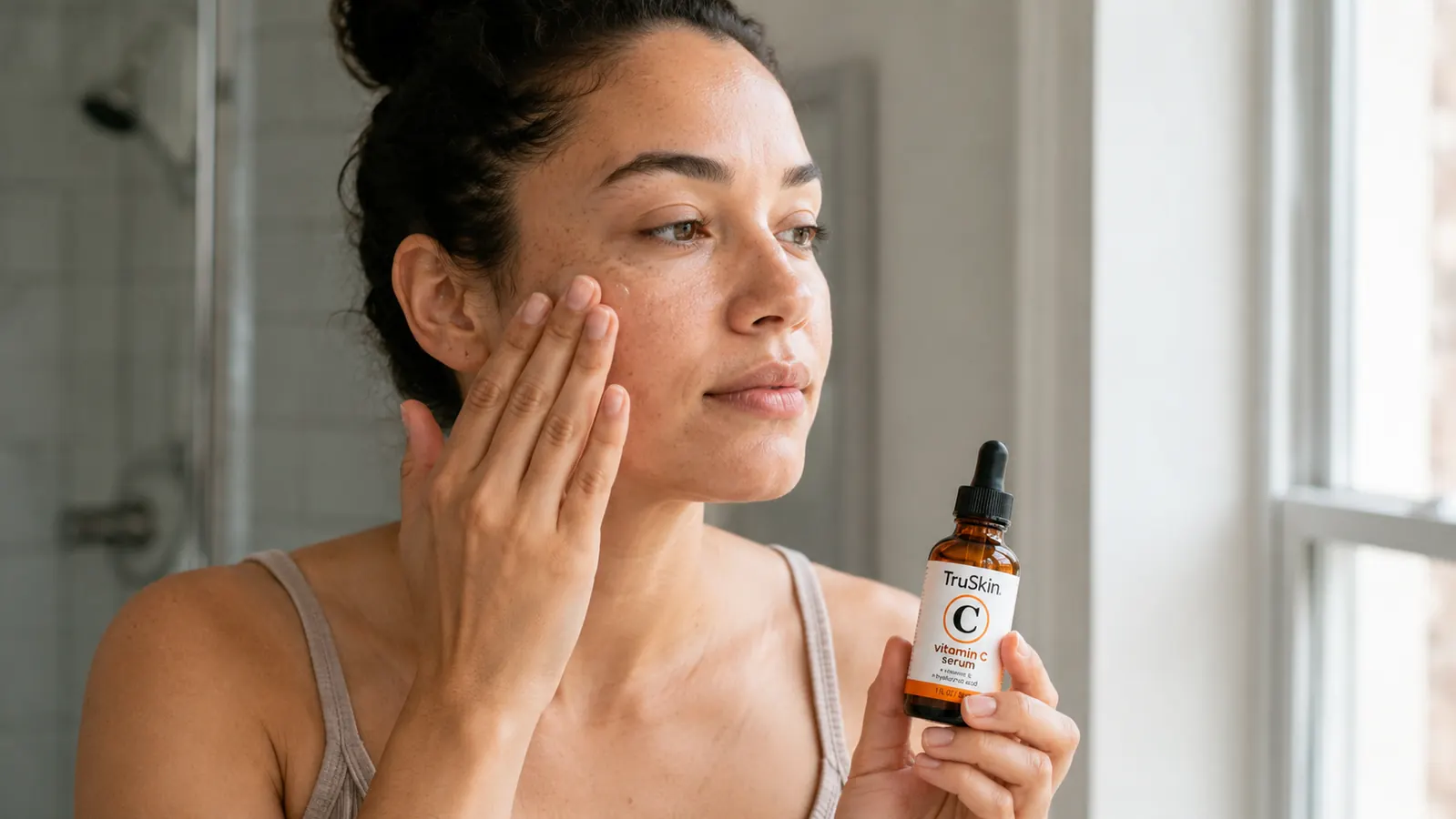 Person patting serum into their cheek with fingertips in front of a bathroom mirror in morning light
