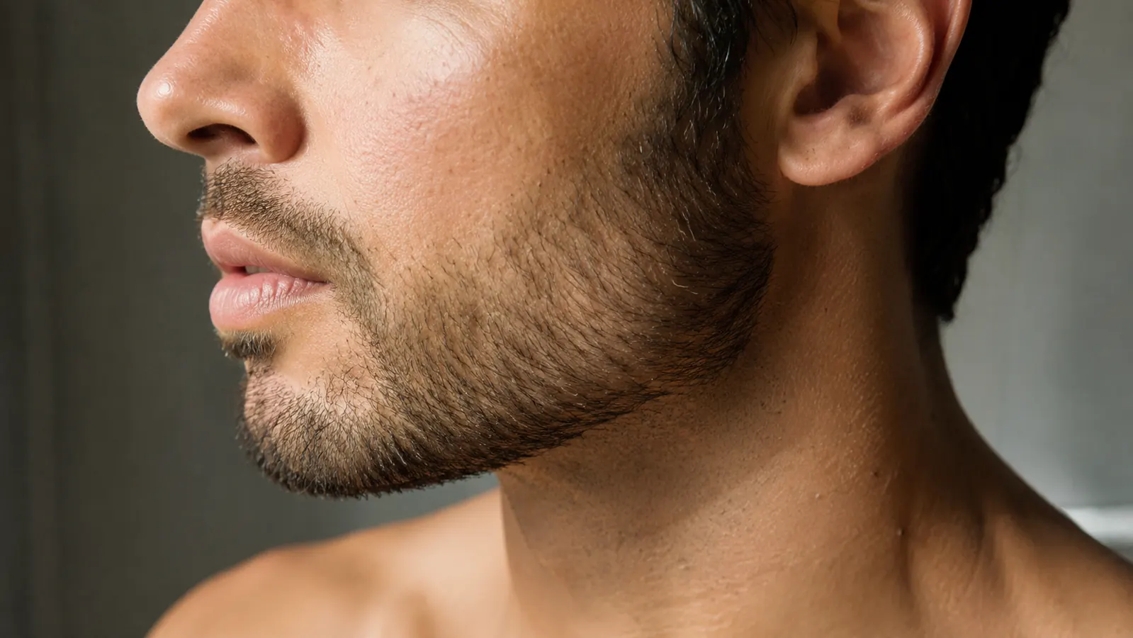 Close-up of man's cheek in good lighting showing smooth, more even-toned skin texture