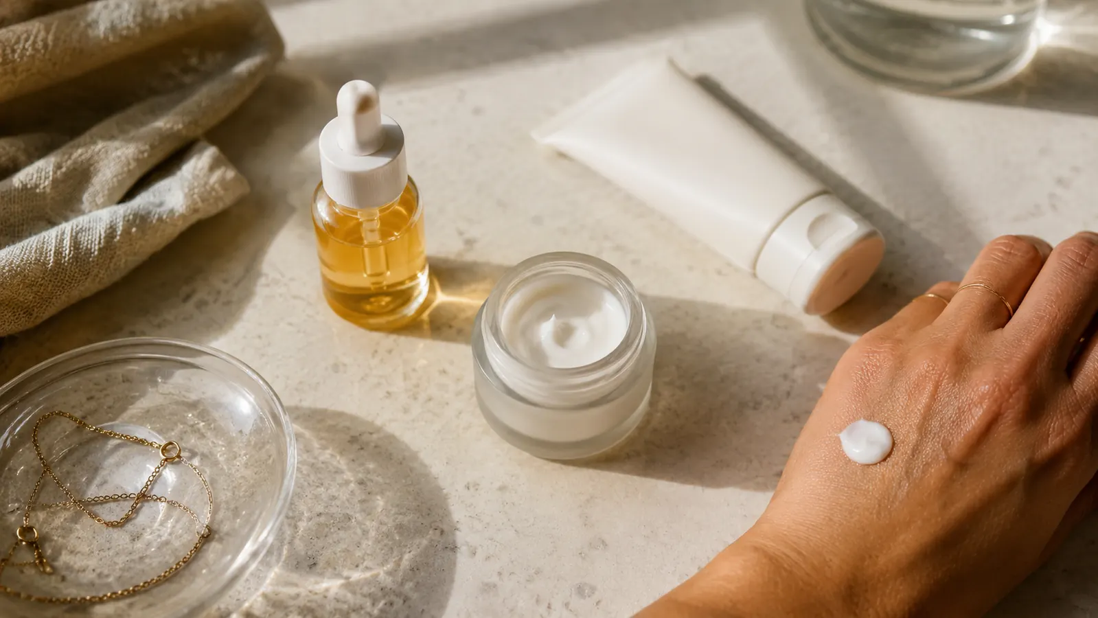 Morning skincare routine laid out on a bathroom counter with serum, moisturizer, and sunscreen