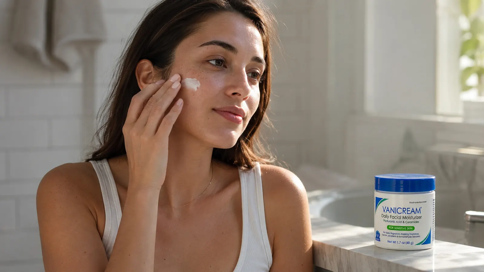 Woman applying moisturizer to her cheek in the bathroom, calm morning routine