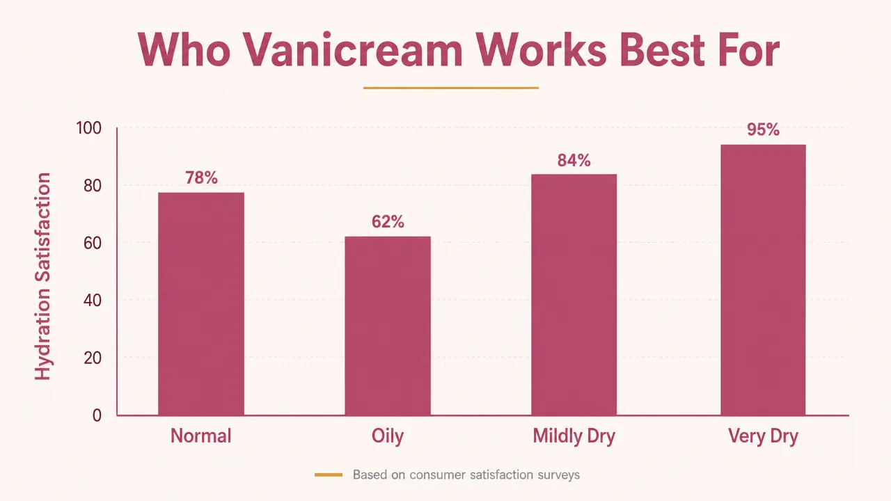 Side-by-side hydration comparison chart showing Vanicream performing well for normal skin but falling behind for very dry skin