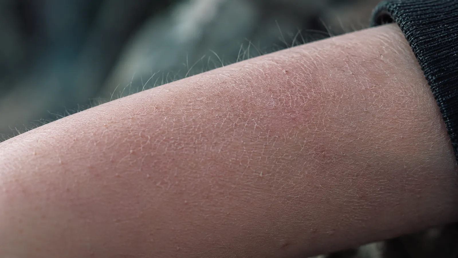 Close-up of dry, tight-feeling skin on a forearm during winter, illustrating where Vanicream alone may not be sufficient