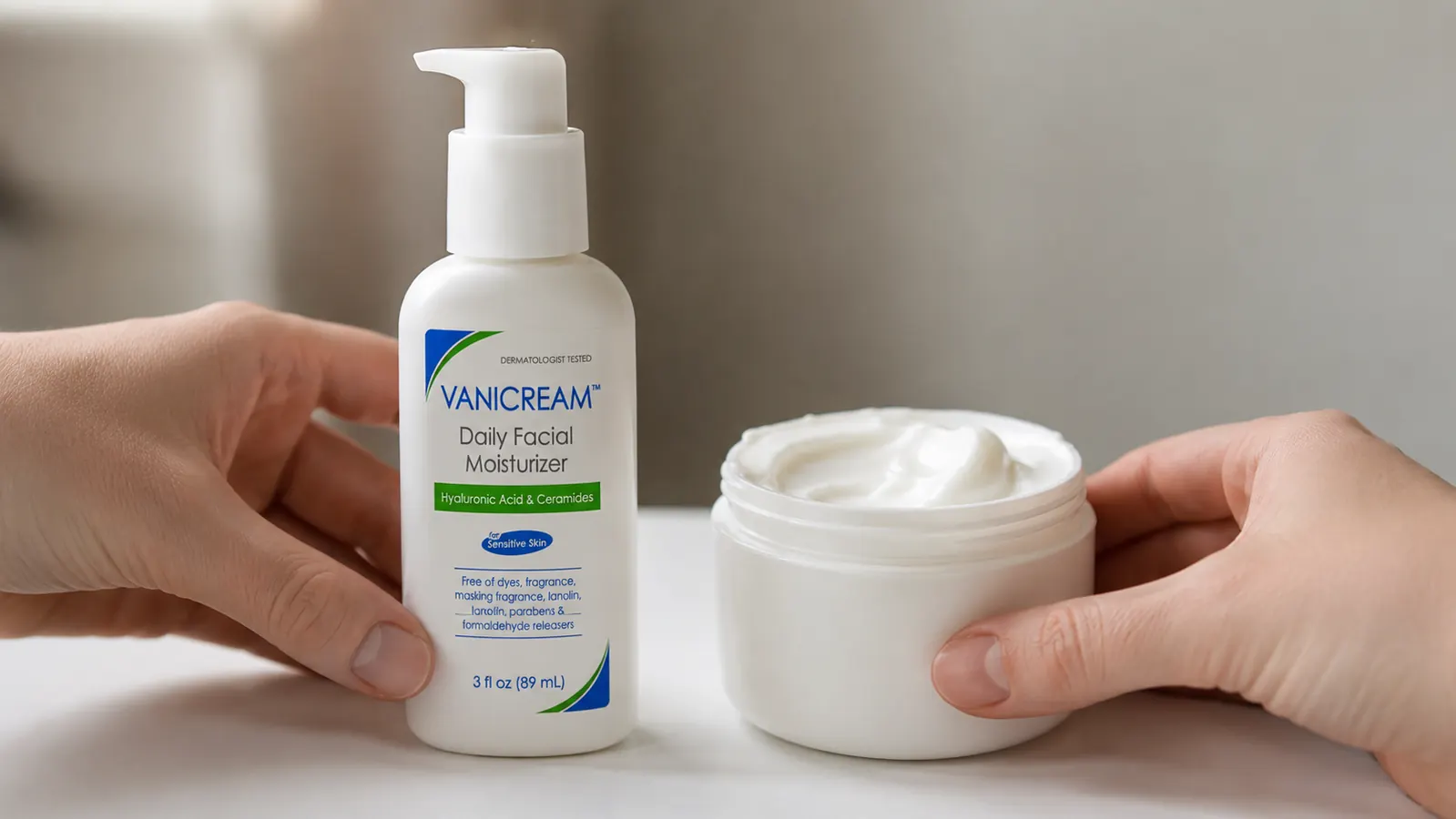 Vanicream moisturizer bottle next to a richer, thicker cream alternative, showing the difference in packaging and texture