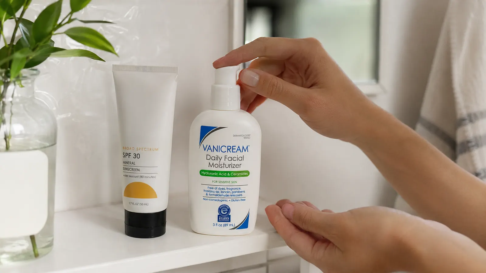 Close-up of the Vanicream Daily Facial Moisturizer bottle next to a tinted sunscreen tube on a white bathroom shelf